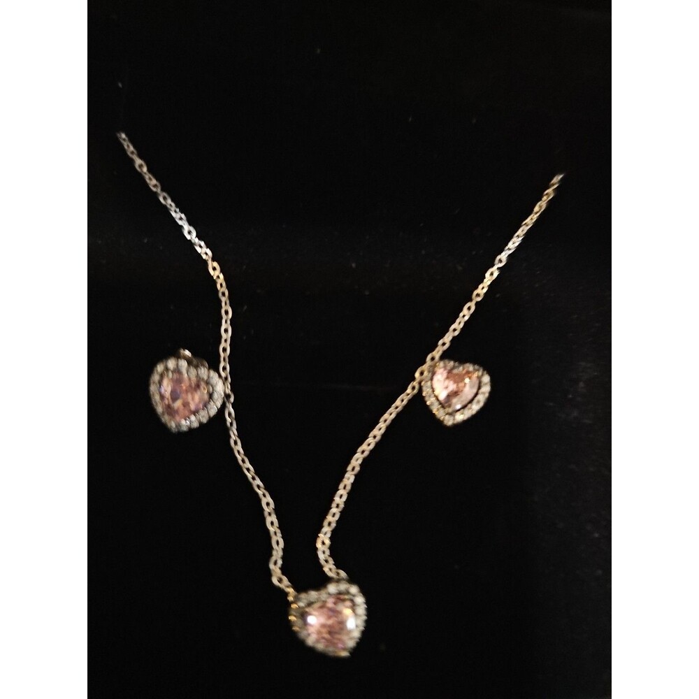 Genuine 925 Sterling Silver Necklace & Earrings Set Pink Heart Necklace. - Picture 2 of 9